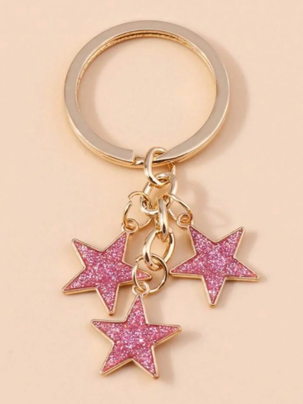 Gold Keyring with Pink Glitter Star Charms